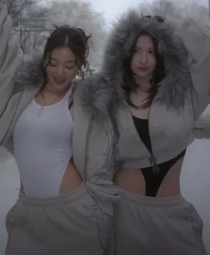 TWICE?s Jihyo and Momo Grey Fur Hooded Jacket