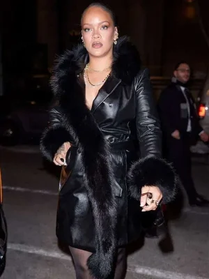 NYC 2026 Rihanna Fur Trim Leather Coat