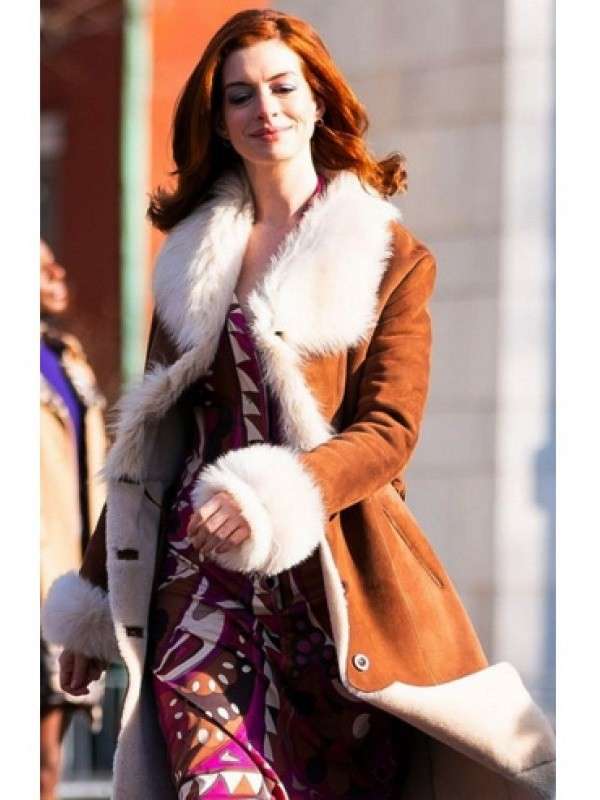 Anne Hathaway Lexi Shearling Suede Leather CoatActress Anne Hathaway Modern Love Lexi Shearling Suede Leather Coat - Image 2